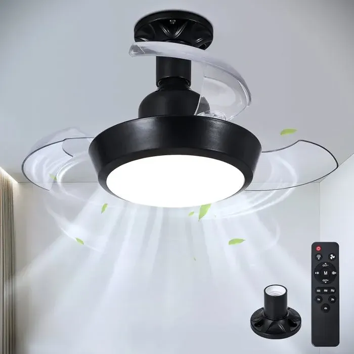 Petit ventilateur de plafond avec éclairage et télécommandelampe-ventilateur à culot E27 avec 3 pales rétractablesampoule LED