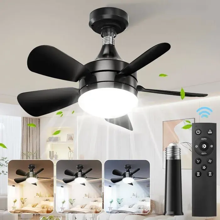 Petit ventilateur de plafond avec lampe LED E27 40 cm – télécommande 3 vitesses dimmable noir