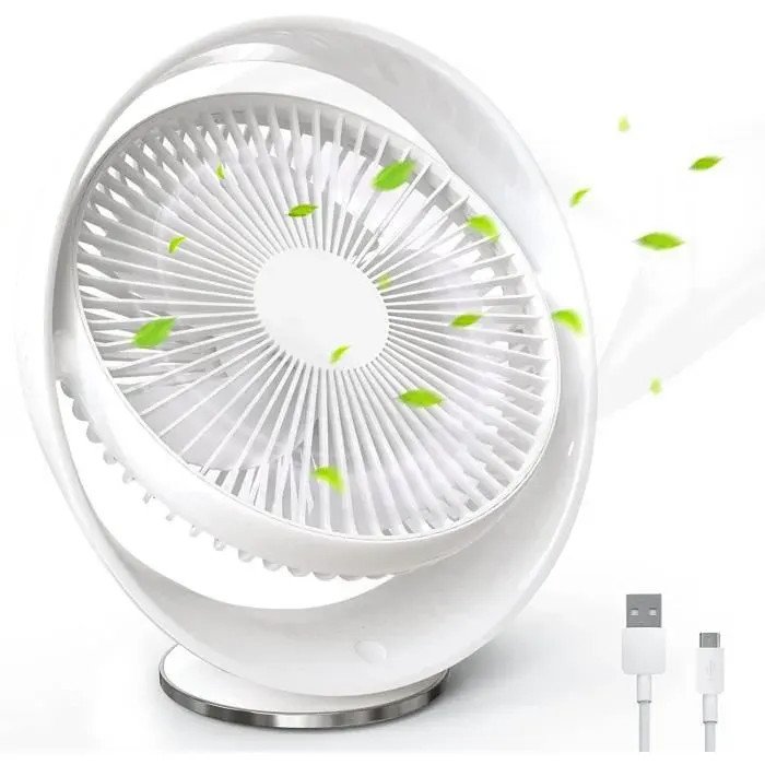 Petit Ventilateur de Table - Blanc - Rechargeable 2000 mAh - Silencieux - 3 Vitesses - Tilt Head