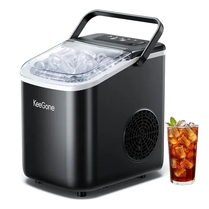 Petite machine à glaçons 12 L 10 kg/24h 9 cubes en 6 min poignée portable autonettoyage cuisine/bureau/bar/fête