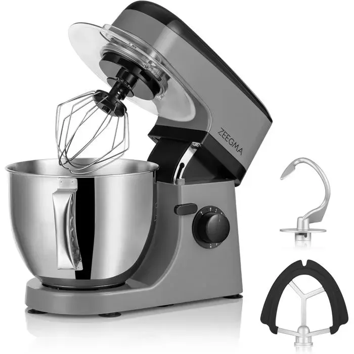 Pétrisseur 1800 W Robot Multifonction Avec Bol 5L Avec Poignée Et Couvercle8 VitessesAvec Panneau Tactile 3 Pièces (Silver)