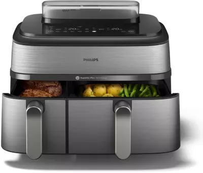 Philips - Airfryer Na555/00 Friteuse Sans Huile Double Panier + Vapeur Métal, Série 5000 9l (3+6l)