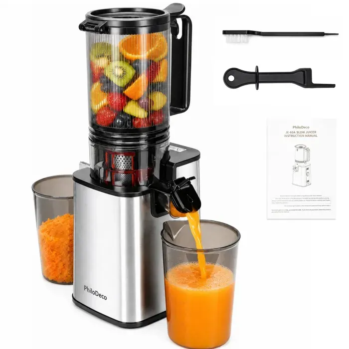 PhiloDeco Extracteur de Jus à Froid JE-60A 250W Grande Ouverture 110mm Haut Rendement Silencieux Nettoyage Facile Inox