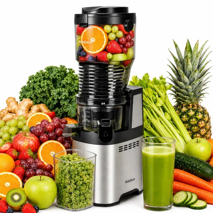 PhiloDeco Extracteur de Jus à Froid JE-85 250W Grande Ouverture Vis Inox Rendement 90% Nettoyage Facile Fruits Entiers