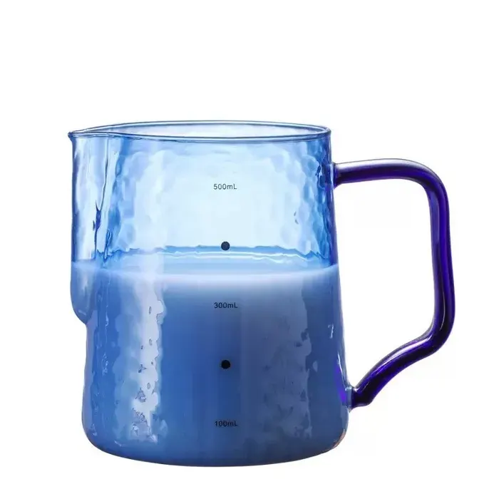 Pichet à lait mousseur 500 ml – Verre borosilicate multifonction bord poli – Vert/Bleu