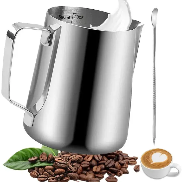 Pichet Lait Inox 550ml Avec Lignes Mesure Latte Art Pen Convient pour Cappuccino Expresso Mousseur à Lait Aucuneary