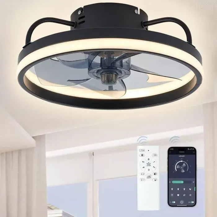 Plafonnier avec Ventilateur Ventilateur de Plafond avec Lumière Télécommande 6 Vitesses Lampe de Ventilateur pour Cuisin -NOIR