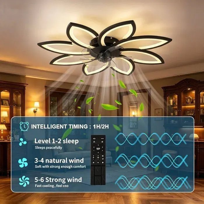 Plafonnier LED Ventilateur 90cm APP & Télécommande Température 3000K-6500K Moteur Réversible Été/Hiver Minuterie 2h 55W
