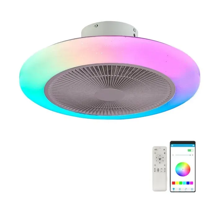 Plafonnier RGB avec Ventilateur LED Ventilateurs de Plafond avec Lampe Dimmable avec Télécommande et Contrôle App Haut-Parleur Blu