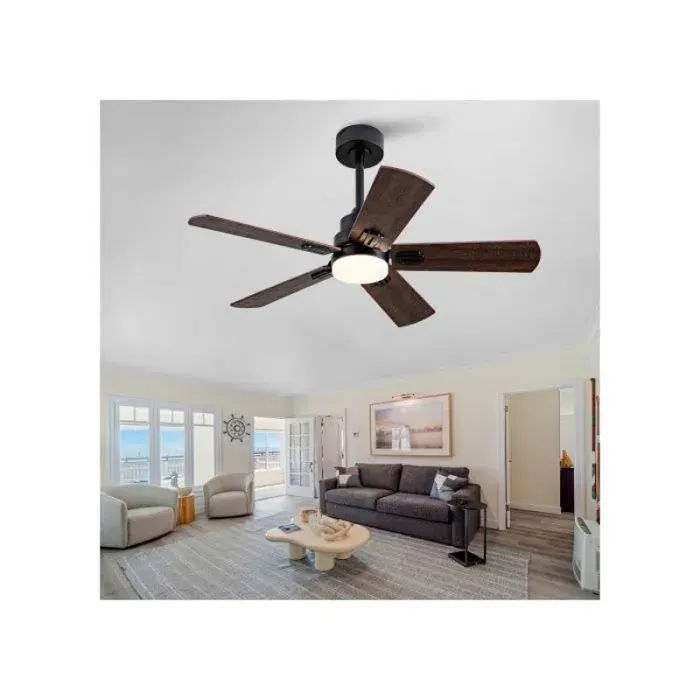 Plafonnier ventilateur 106 cm avec télécommande lumière LED silencieux moteur DC 6 vitesses noir et noyer