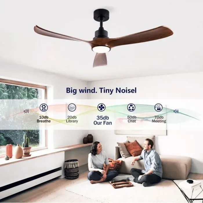 Plafonnier ventilateur 132 cm - Éclairage et Télécommande - Moteur CC à 6 Vitesses - Noir et Noyer Foncé