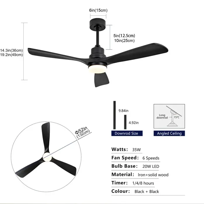 Plafonnier ventilateur 132 cm noir avec LED dimmable 3 températures télécommande 6 vitesses rotation réversible JOINERY