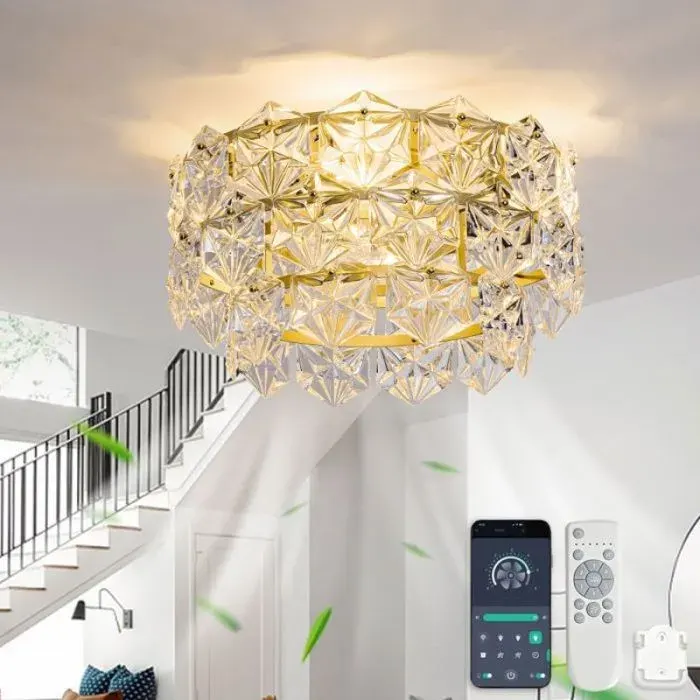 Plafonnier ventilateur 19 pouces lustre cristal doré pales ABS contrôle App et télécommande 6 vitesses réversibles pour intérie