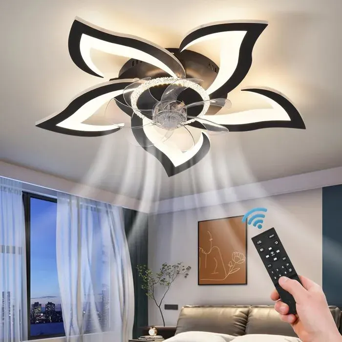 Plafonnier ventilateur 220 V design noir – Ventilateur plafond silencieux avec lumière dimmable variateur infini et minuterie 2 h