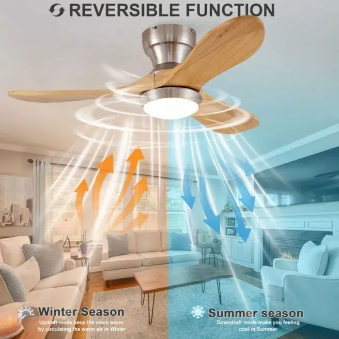 Plafonnier ventilateur 36 pouces avec éclairage pales en bois massif 3CCT 6 vitesses et fonction réversible
