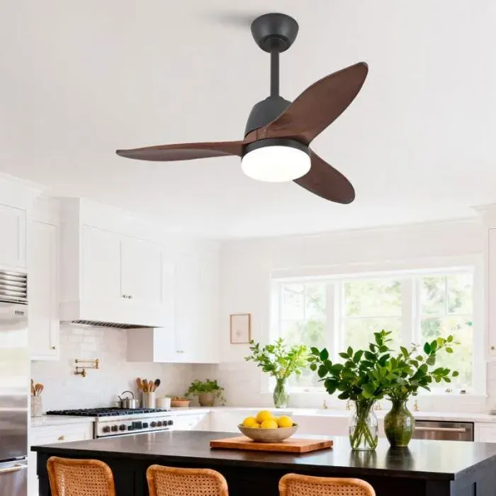 Plafonnier ventilateur 36 pouces - LED 3 températures moteur DC réversible et variateur - Noir + Noyer foncé