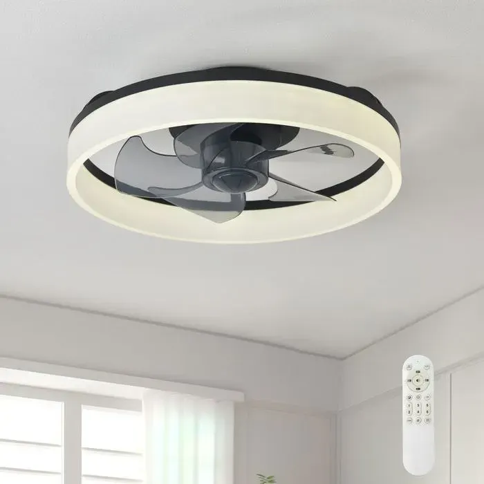 Plafonnier ventilateur 40 cm avec lumière LED dimmable moteur silencieux 5 pales télécommande design moderneNoir
