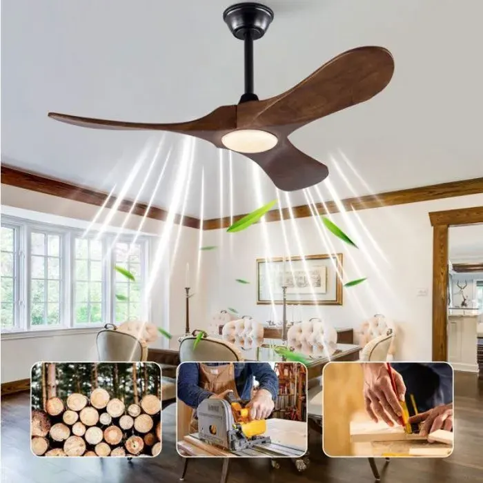 Plafonnier ventilateur 42 avec lumière LED intégrée 3 pales en bois massif télécommande moteur DC silencieux