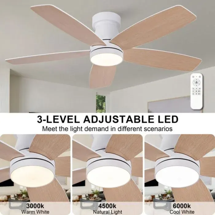 Plafonnier ventilateur 42 pouces avec lampe LED pales en bois massif télécommande 3 températures de couleur et 6 vitesses