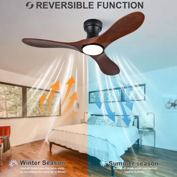 Plafonnier ventilateur 42 pouces LED 3 pales bois massif télécommande fournie 6 vitesses rotation réversible pour salon et chamb