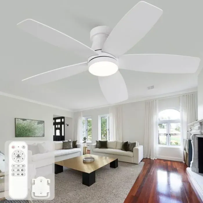 Plafonnier ventilateur 42 pouces silencieux à lumière pales bois bicolore Blanc/Naturel moteur DC contrôle par télécommande