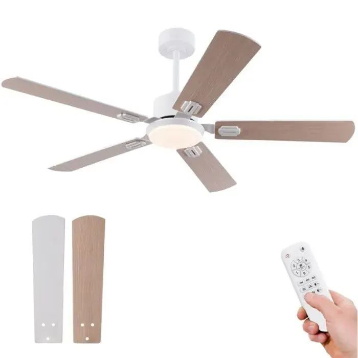 Plafonnier ventilateur 52 Pouces LED dimmable 6 vitesses télécommande bois et métal blanc chêne clair