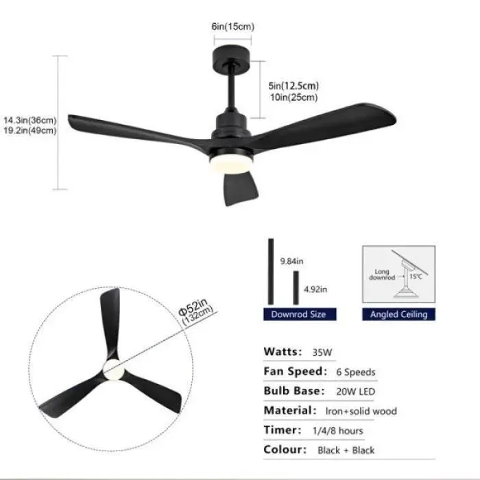 Plafonnier ventilateur 52 pouces pales bois noir 6 vitesses sens inverse éclairage 3CCT commandable par télécommande — coloris Blanc