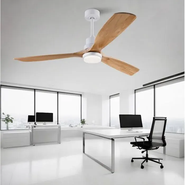Plafonnier ventilateur 60 pouces avec LED 3 températures télécommande moteur DC réversible 6 vitesses bois blanc
