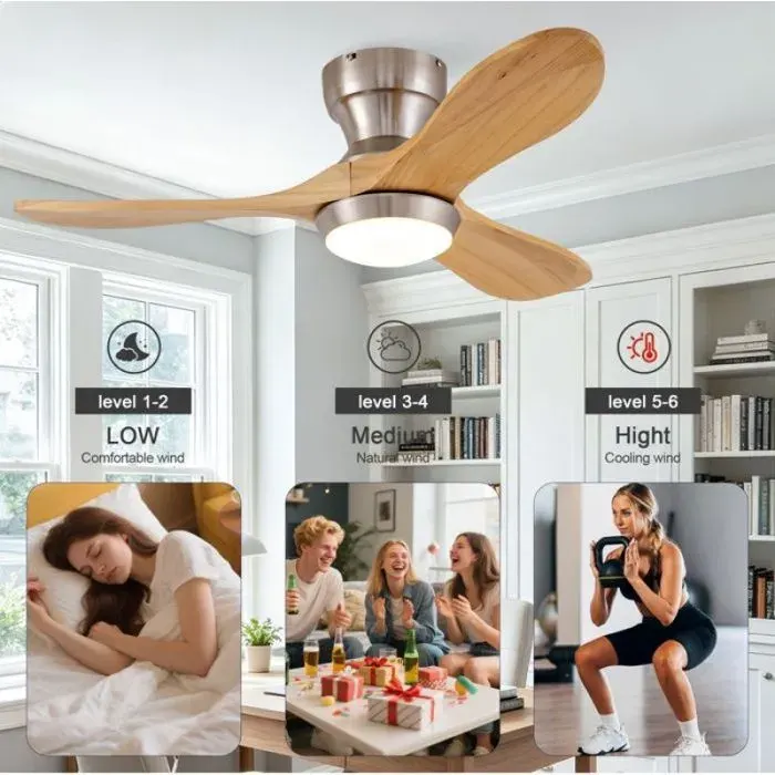 Plafonnier ventilateur 90 x 90 x 245 cm avec éclairage télécommande 3 pales en bois 6 vitesses