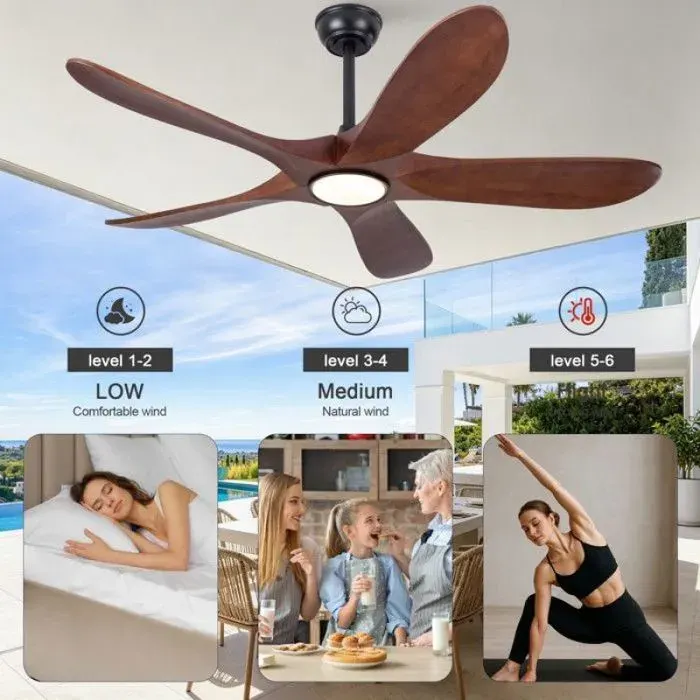 Plafonnier ventilateur avec éclairage 52 pouces 5 pales en bois télécommande 6 vitesses 3CCT dimmable