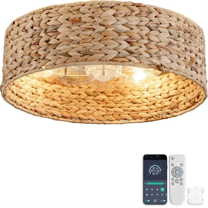 Plafonnier Ventilateur avec éclairage & Rotin Tressé - Ventilateur de plafond - 6 Vitesses - Silencieux - Naturel