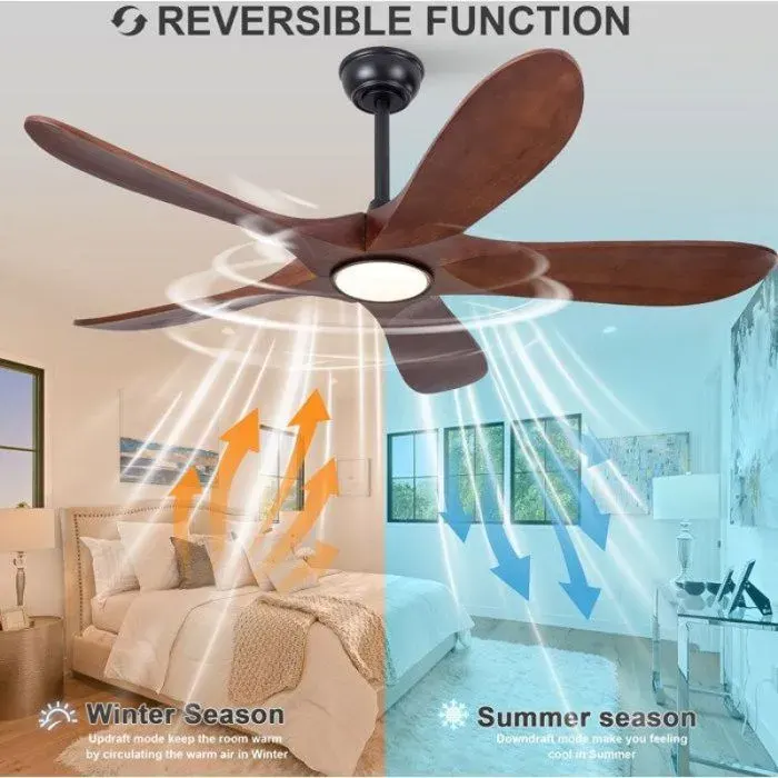 Plafonnier ventilateur avec lumière 52 pouces 5 pales en bois télécommande 6 vitesses marron noir