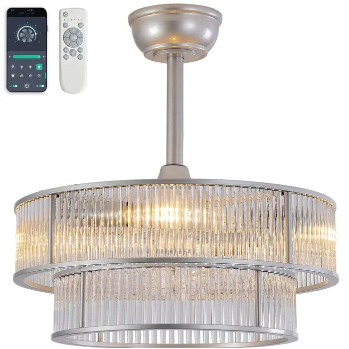 Plafonnier ventilateur cristal argent 50x50x39 cm télécommande et application 6 vitesses 4 douilles JOINERY