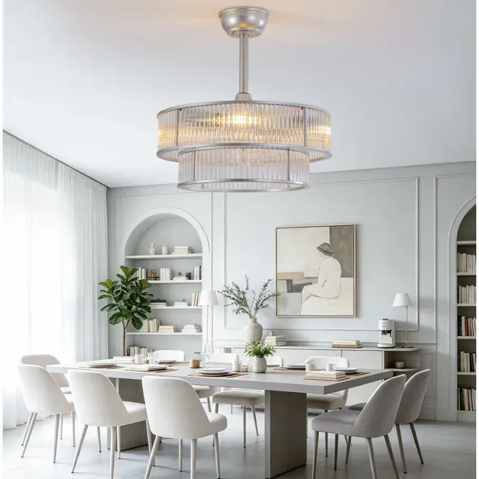 Plafonnier ventilateur cristal argenté commande Bluetooth et télécommande 6 vitesses minuterie silencieux
