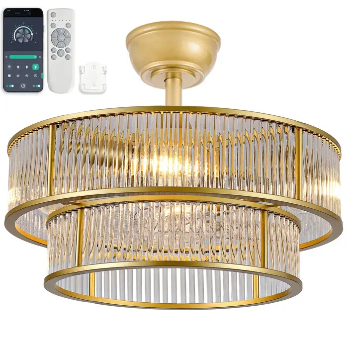 Plafonnier ventilateur cristal gold ABS 6 vitesses commande Bluetooth et télécommande E26 x4 JOINERY