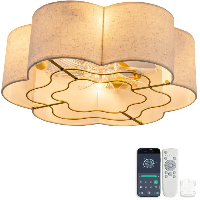 Plafonnier ventilateur design fleur 50 cm avec abat-jour tissu 4 douilles E26 app et télécommande JOINERY