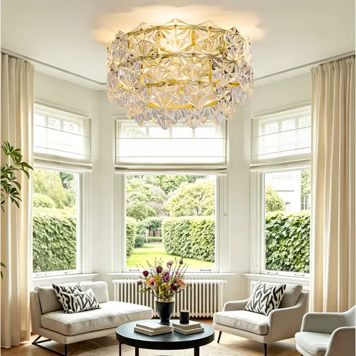 Plafonnier Ventilateur Doré Verre Lustre Ventilateur Cristal FloraGrace Pour Salon App Et Télécommande 50x50x295cm