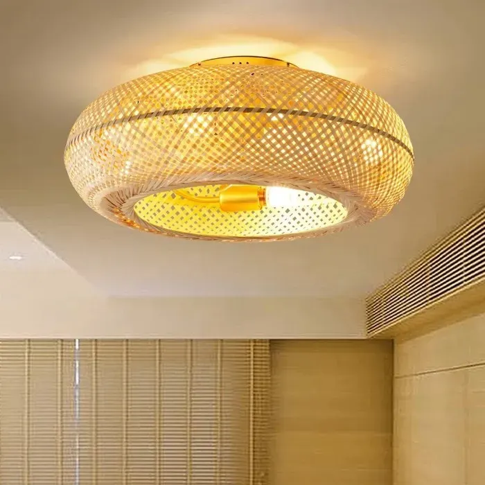 Plafonnier ventilateur en bambou Télécommande onduleur 220 V réglage à six vitesses Gradation LED et fonction de minuterie-bd