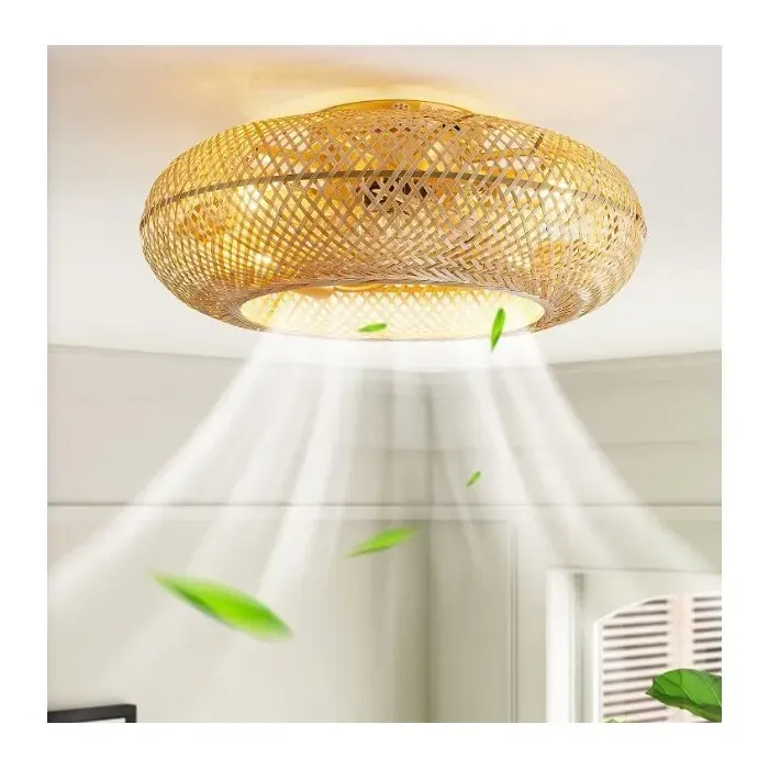 Plafonnier ventilateur en bambou Télécommande onduleur 220 V réglage à six vitesses Gradation LED et fonction de minuterie
