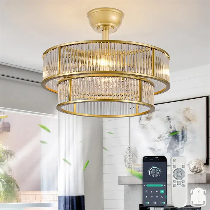 Plafonnier Ventilateur en Cristal Doré avec Tige - Ventilateur de plafond moderne - Moteur DC Silencieux 6 Vitesses