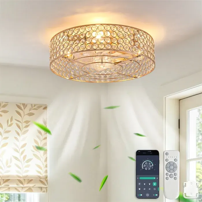 Plafonnier Ventilateur en Cristal Doré - Ventilateur de plafond - Contrôle App & Télécommande - 6 Vitesses - Silencieux