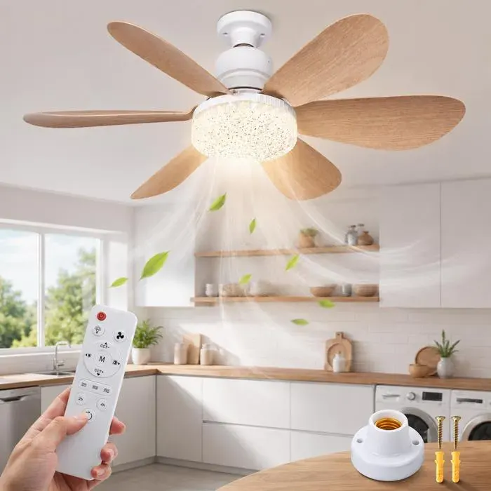 Plafonnier Ventilateur LED E27 à Effet Bois avec Télécommande 40W Luminaire Silencieux Dimmable