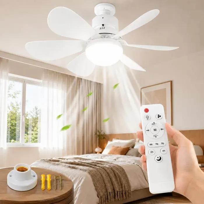Plafonnier Ventilateur LED E27 avec Télécommande 40W Luminaire Dimmable 3CCT Blanc