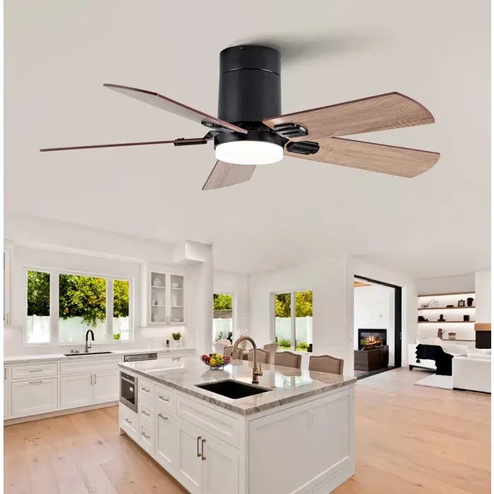 Plafonnier ventilateur LED réversible silencieux - YEAVIO - télécommande noir bois noyer 42 pouces