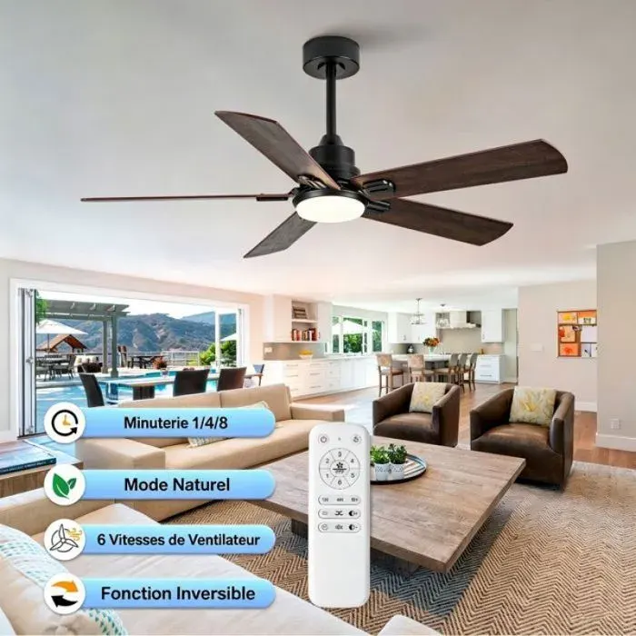 Plafonnier ventilateur noir de 52 pouces avec lumière 3 couleur et télécommande moteur CC silencieux réversible à 6 vitesses
