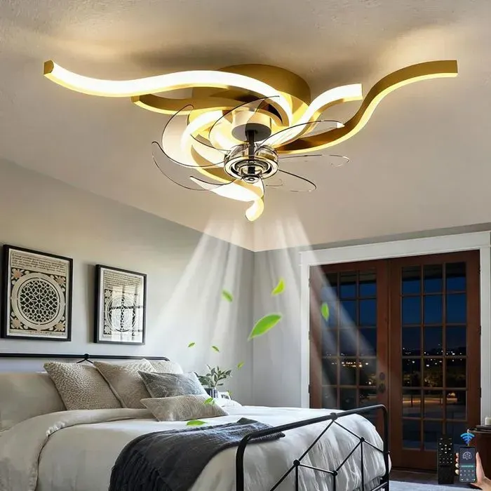 Plafonnier ventilateur or Multivitesses Lampe réglable 3 températures APP Salon