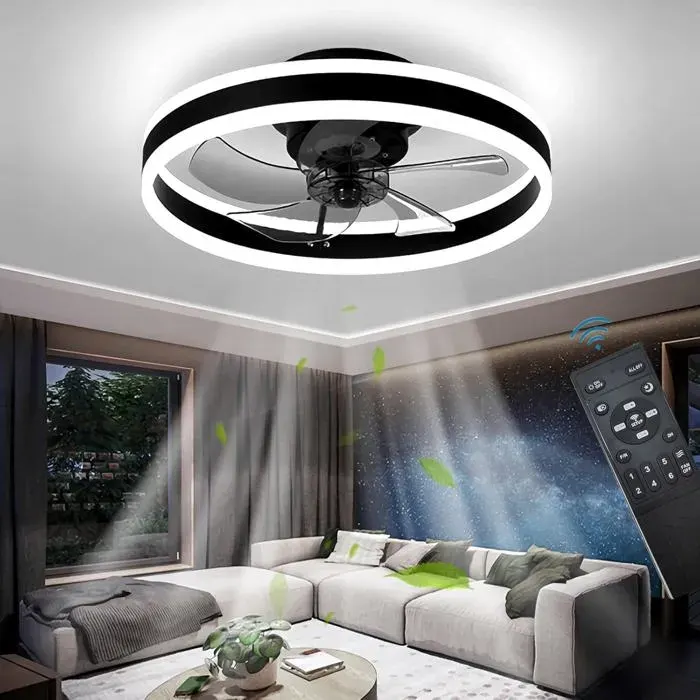 Plafonnier ventilateur réversible 6 vitesses silencieuses LED 24W dimmable télécommande 50 cm finition noire