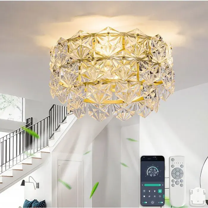 Plafonnier ventilateur rond 50 x 50 x 295 cm cristal 6 vitesses App télécommande 4 douilles E26