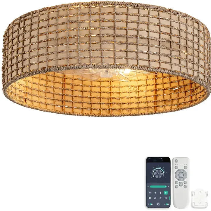Plafonnier ventilateur rotin avec lumière 50x50x20 cm 6 vitesses réversible app télécommande 4 douilles JOINERY