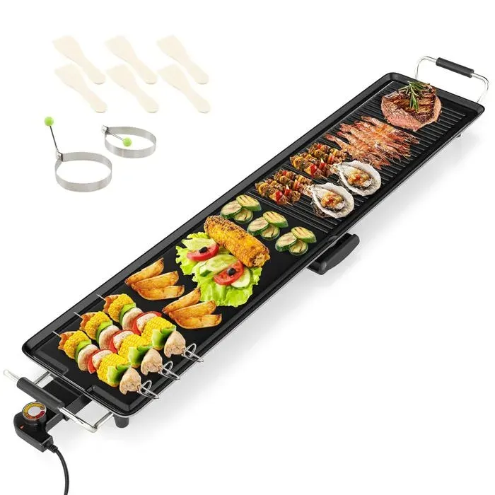 Plancha électrique 1800W double face - surface de cuisson 100 x 22 cm antiadhésive aluminium thermostat ajustable pour 8 personnes — coloris Noir
